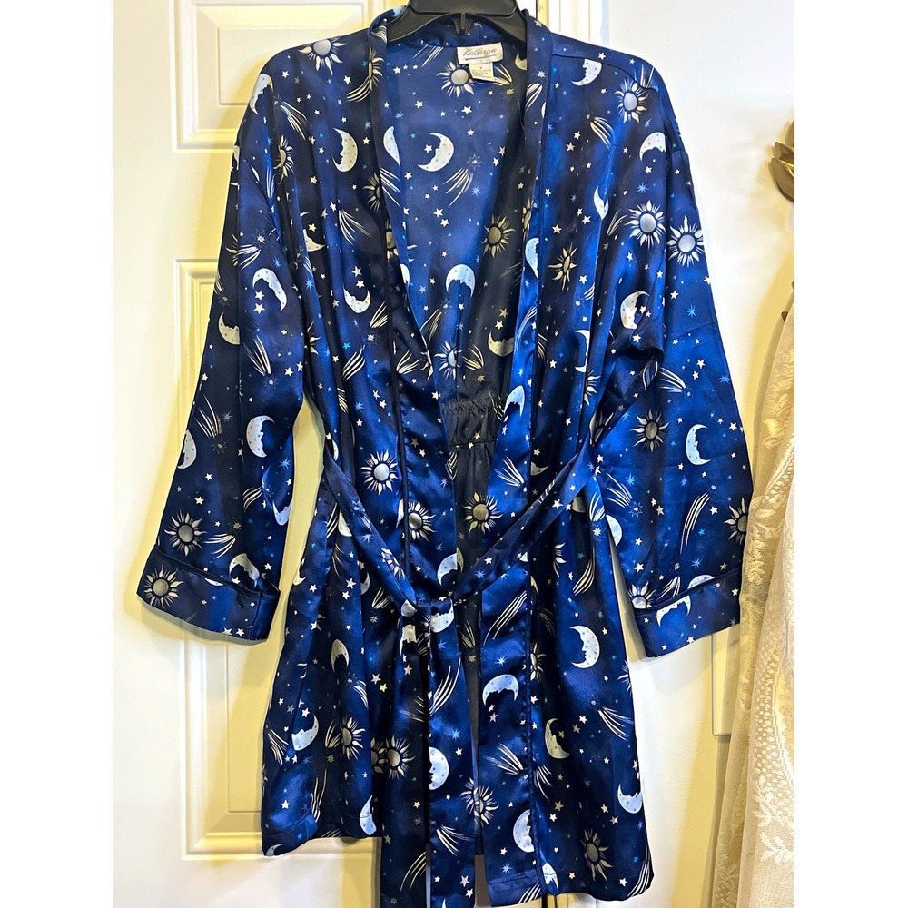 Vintage 90s Kathryn Celestial Sun Moon Star Satin Robe Navy S Kimono Whimsigoth